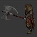 Man As Lion Head Warrior In Metallic Armor Holding Large Axe And Chains