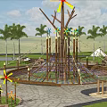 Garden Ornament With Tree Centered Rope Net And Wooden Frame In Grass Area