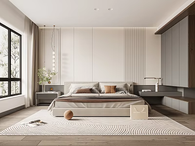 Minimalist Modern Bedroom Interior With King Bed Decorative Pillows Wooden Floor And Patterned Rug 3d model