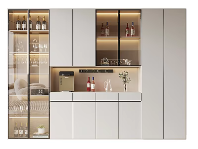 Modern Wine Cabinet Design With Glass Doors Illuminated Shelves Wine Bottles And Glasses 3d model