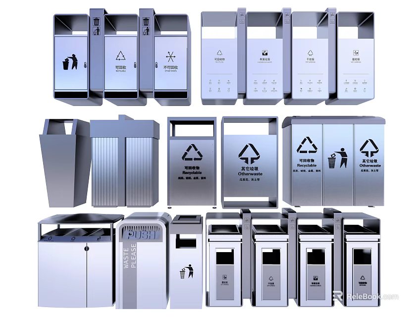 Public Facility Trash Bins For Public Areas With Different Classification Signs And Stainless Steel Design 3d model 