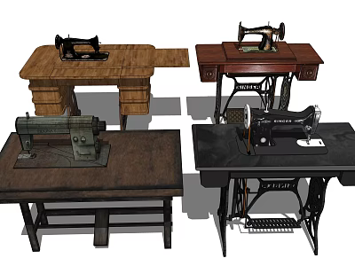 Vintage Industrial Sewing Machines On Wooden Tables With Classic Design 3d model