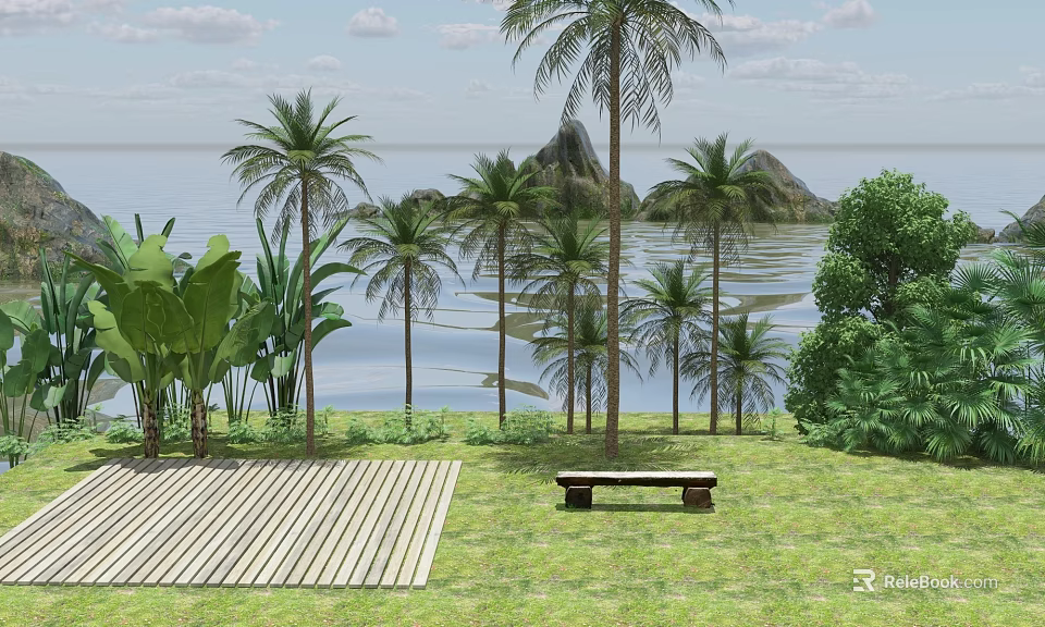 Tall Palm Trees Along Waterfront With Mountain View Grass Area And Wooden Deck Bench 3d model 