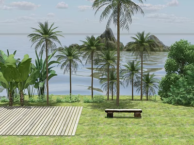 Tall Palm Trees Along Waterfront With Mountain View Grass Area And Wooden Deck Bench 3d model