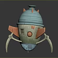 Cartoon Mechanical Robot Model With Blue Dome Orange Spikes Red Button Letter M Gray Legs