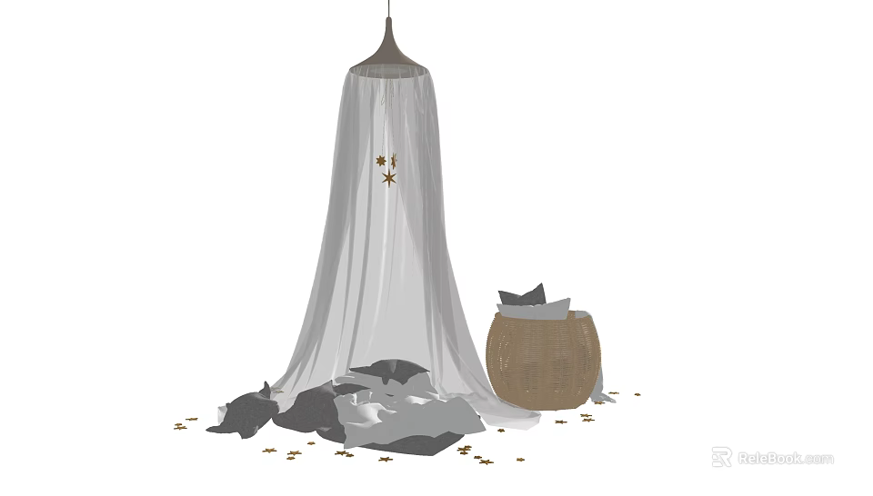 Gray Gauze Bed Canopy With Star Decor And Wooden Barrel Plush Toys 3d model 