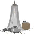Gray Gauze Bed Canopy With Star Decor And Wooden Barrel Plush Toys