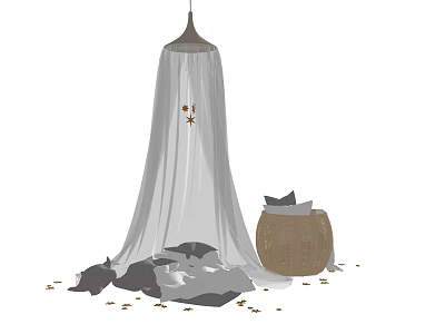 Gray Gauze Bed Canopy With Star Decor And Wooden Barrel Plush Toys 3d model
