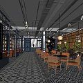 Modern Industrial Restaurant With Geometric Tile Floor Wooden Wall Decor Green Plants And Orange Chairs