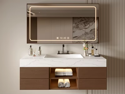 Bathroom Vanity with LED Mirror Marble Countertop Storage Drawers and Open Shelf 3d model