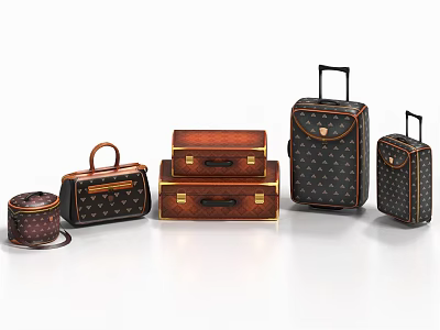 Brown And Black Leather Luggage Set Including Wheel Suitcases Handbags With Gold Accents 3d model