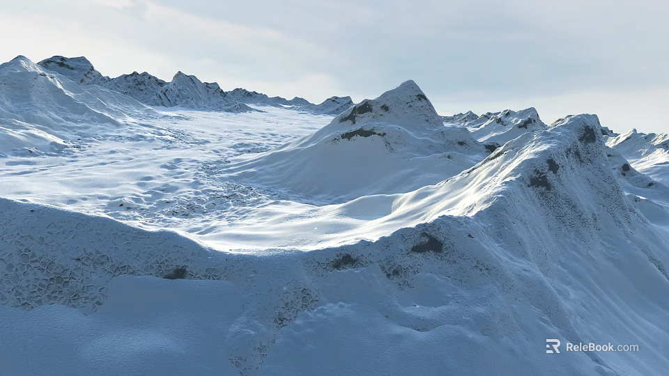 Snowy Mountain Landscape With Vast Snowfield Sunlit Peaks And Alpine Scenery 3d model 