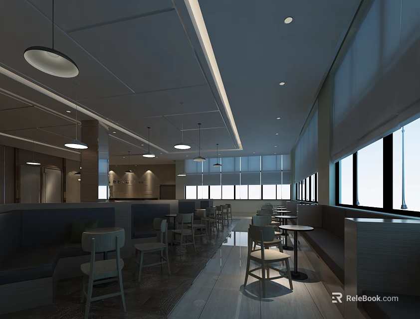 Modern Restaurant Interior Design With Spacious Layout Table Chair Setup Hanging Lights And Large Windows 3d model