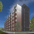 Red Brick School Building Featuring Modern Glass Elevator Shaft Greenery And People Walking