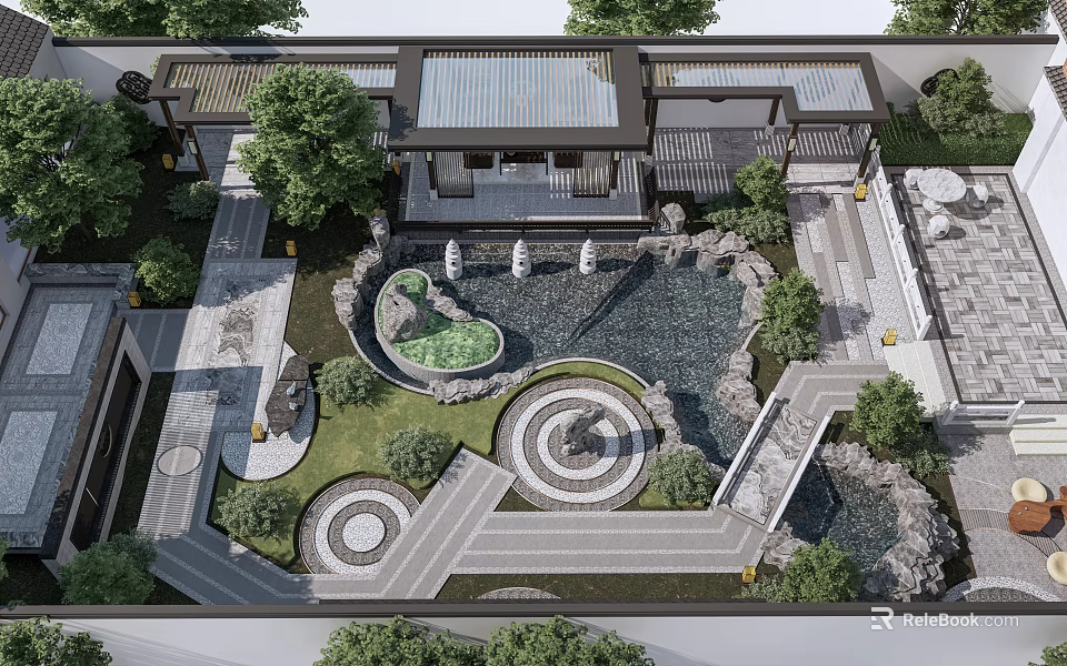 Courtyard Garden Design Featuring Circular Pathways Central Pond Stone Decorations And Lush Greenery 3d model 