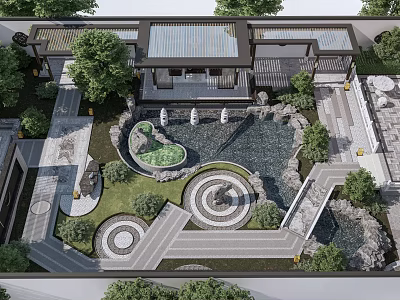 Courtyard Garden Design Featuring Circular Pathways Central Pond Stone Decorations And Lush Greenery 3d model