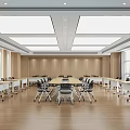Modern Conference Room With Round Tables White Chairs Large Screen Windows And Wooden Walls