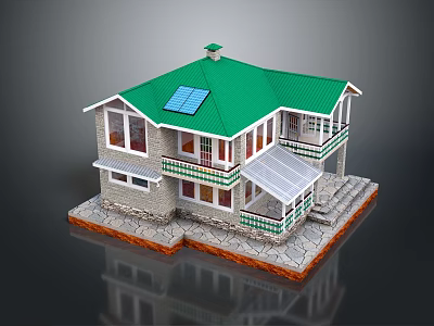 Two Story Detached Villa With Green Roof Solar Panels Multiple Windows Porch And Stone Foundation 3d model