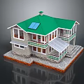 Two Story Detached Villa With Green Roof Solar Panels Multiple Windows Porch And Stone Foundation