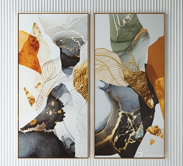 Artistic Abstract Painting With Gold Lines Marble Texture Orange Green Tones For Wall Decor 3d model 