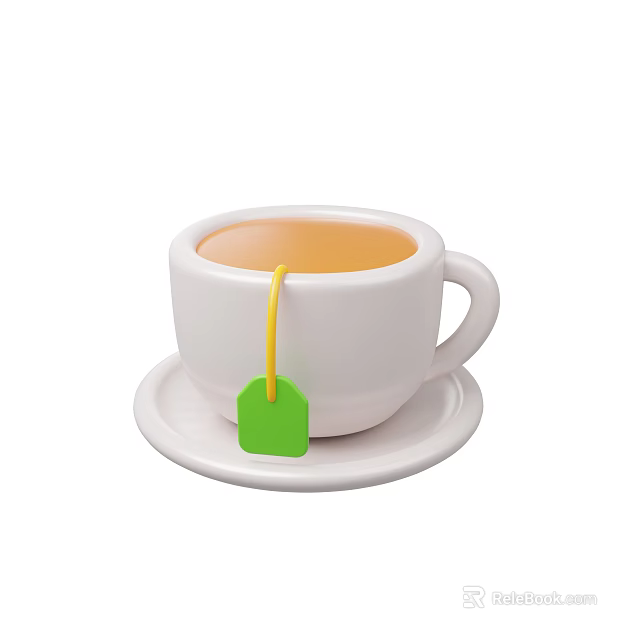 White Teacup With Hot Tea On Saucer And Green Tea Bag With Yellow String 3d model 