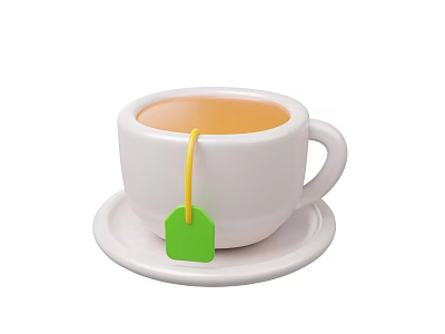 White Teacup With Hot Tea On Saucer And Green Tea Bag With Yellow String 3d model
