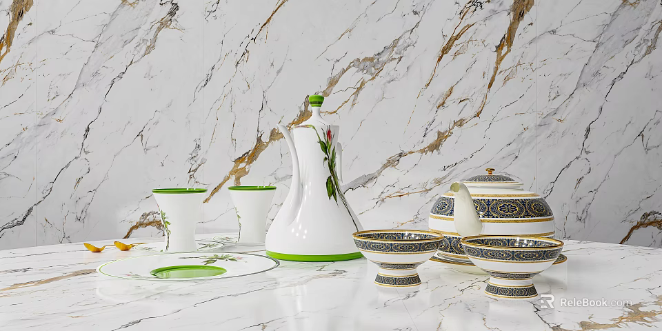 Elegant White Tableware Set With Green Trim And Floral Patterns On Marble Surface 3d model 