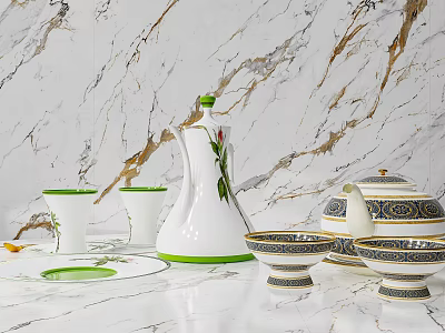 Elegant White Tableware Set With Green Trim And Floral Patterns On Marble Surface 3d model