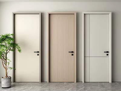 Modern Hinged Doors Indoor Display With Three Different Styles And Green Plant 3d model