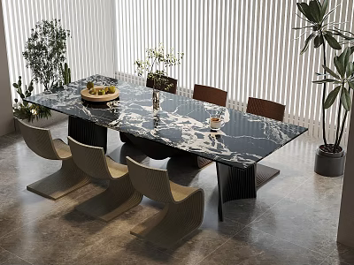 Modern Dining Table Set With Black Marble Top Chairs Fruit Platter Vase And Green Plants 3d model