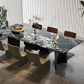Modern Dining Table Set With Black Marble Top Chairs Fruit Platter Vase And Green Plants