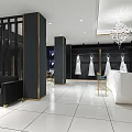 Modern Bridal Shop Interior With Hanging Wedding Dresses White Reception Counter And Chandelier
