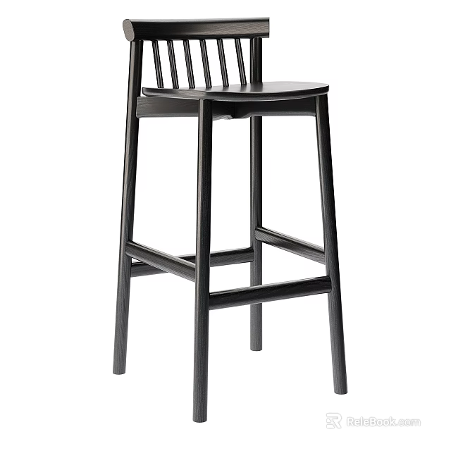 Black Wooden Bar Stool With Vertical Slat Back And Sturdy Leg Structure 3d model 
