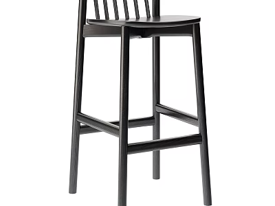 Black Wooden Bar Stool With Vertical Slat Back And Sturdy Leg Structure 3d model