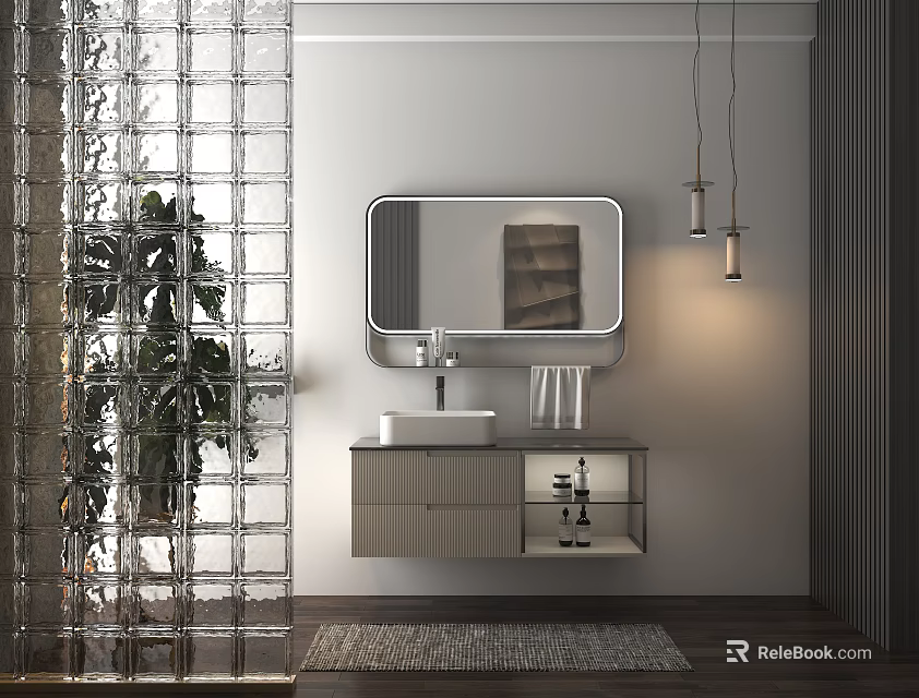 Modern Bathroom Vanity With Oval Mirror Hanging Pendant Lights Glass Partition And Woven Rug 3d model 