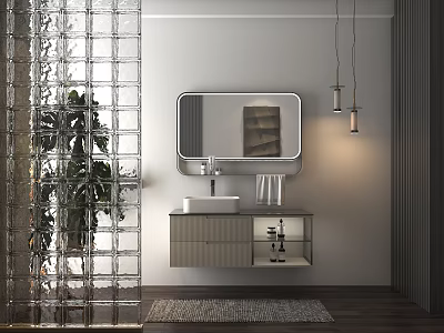 Modern Bathroom Vanity With Oval Mirror Hanging Pendant Lights Glass Partition And Woven Rug 3d model