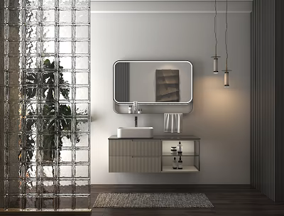 Modern Bathroom Vanity With Oval Mirror Hanging Pendant Lights Glass Partition And Woven Rug 3d model