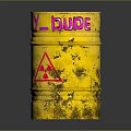 Old Yellow Rusty Barrel With Radioactive Symbol And L-bude Text