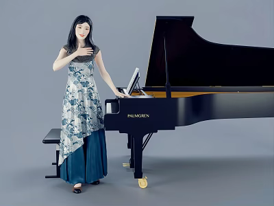 Woman in Elegant Floral Dress Playing Black Grand Piano in Minimalist Studio 3d model