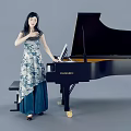 Woman in Elegant Floral Dress Playing Black Grand Piano in Minimalist Studio