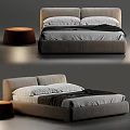 Modern Stylish Double Bed with Beige Frame White Pillows Black Blanket and Round Stool