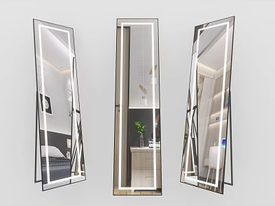Modern Full Length Mirrors With Sleek Metal Frames And LED Lighting Reflecting Interior Scenes 3d model