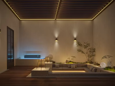 Courtyard Garden Design With Wooden Ceiling Wall Lamps Sofa Wooden Flooring And Small Plants 3d model