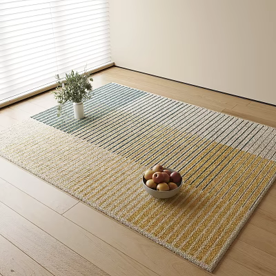 Bright Indoor Living Space With Striped Area Rug Wooden Floor And Fruit Bowl 3d model