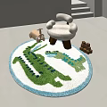 Round Area Rug Featuring Green Alligator Pattern Blue Border Wooden Toy Car and Building Blocks