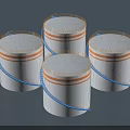 Industrial Equipment Four White Cylindrical Containers With Orange Stripes And Blue Straps