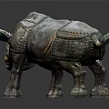 Bronze Rhinoceros Statue with Intricate Metal Plates on Black Reflective Surface