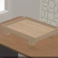 Wooden Tray on Wooden Tabletop near Window with Circular Pattern Wallpaper Minimalist Home Decor Accessory
