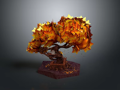 Autumn Maple Tree with Orange Yellow Lush Foliage and Falling Leaves on Decorative Brown Base 3d model