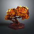 Autumn Maple Tree with Orange Yellow Lush Foliage and Falling Leaves on Decorative Brown Base